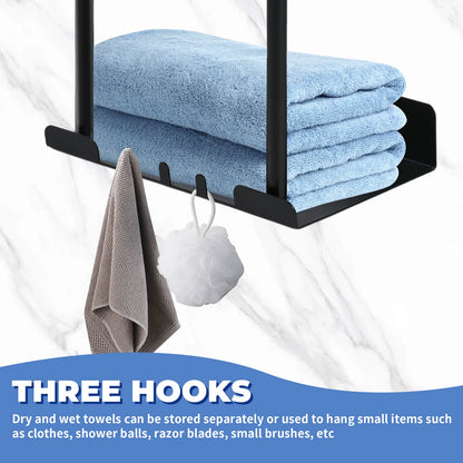 Retractable Towel Rack Wall Mounted Towel Holder Metal Bathroom Storage Rack with Hanging Hooks and Shelve for Pool Laundry Room