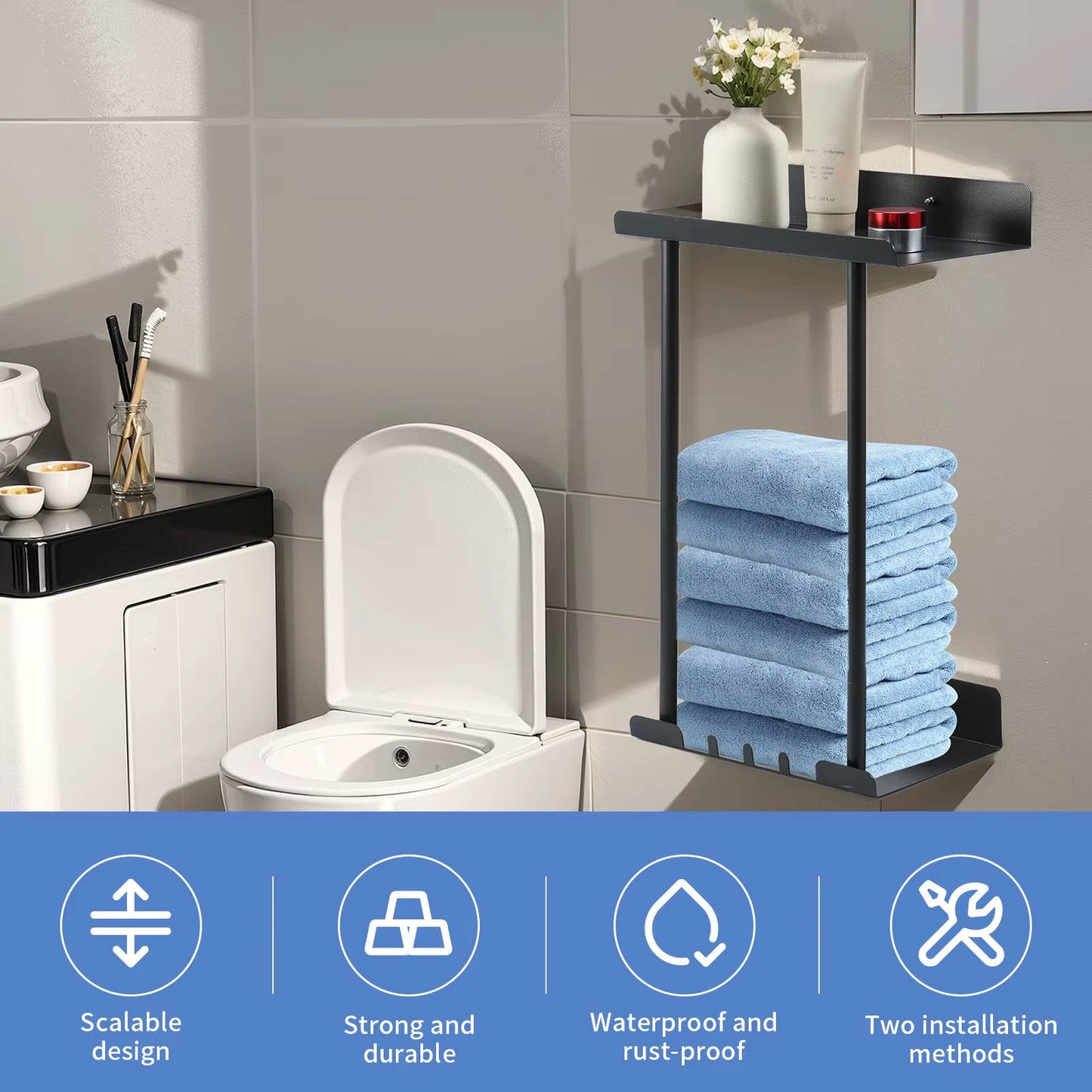 Retractable Towel Rack Wall Mounted Towel Holder Metal Bathroom Storage Rack with Hanging Hooks and Shelve for Pool Laundry Room